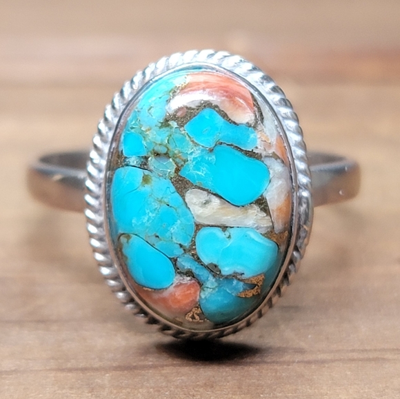 Vintage Jewelry - Native Spiny Oyster Turquoise Ring Size 9 Sterling Silver Boho Womens Je…